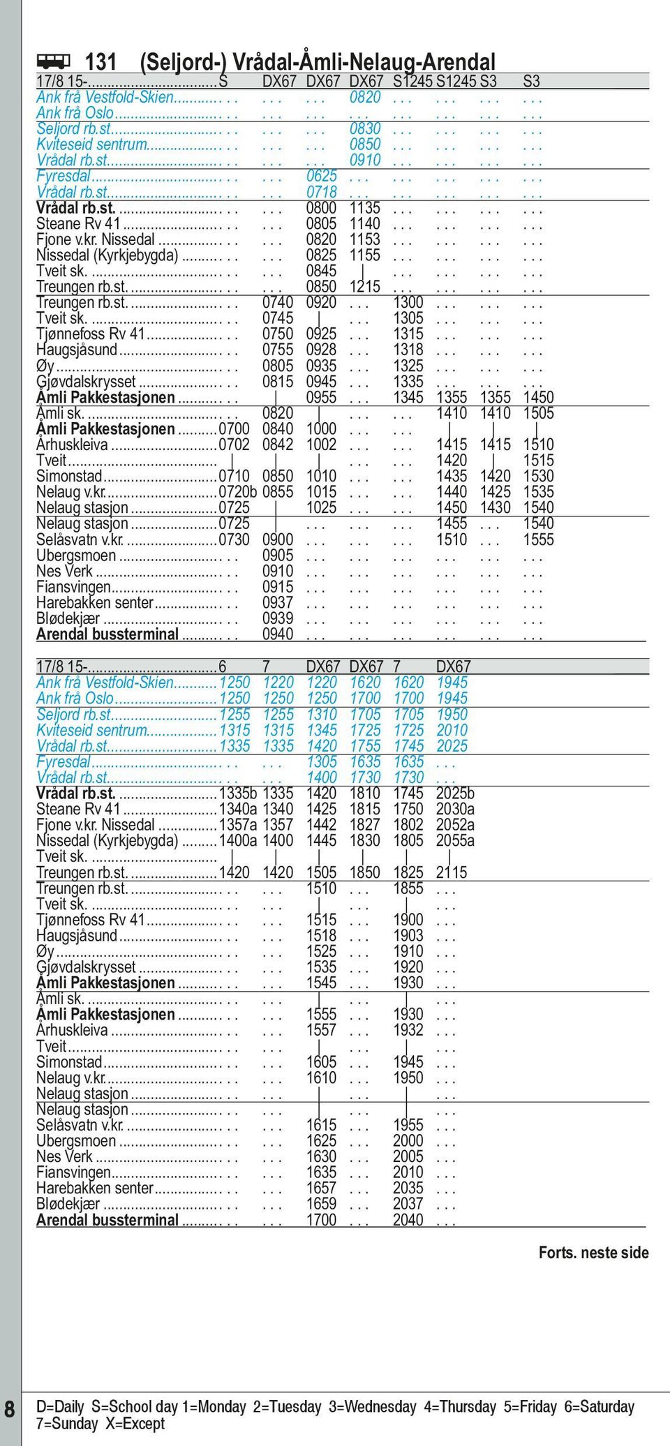 ........... Steane Rv 41........ 0805 1140............ Fjone v.kr. Nissedal........ 0820 1153............ Nissedal (Kyrkjebygda)........ 0825 1155............ Tveit sk........ 0845............ Treungen rb.