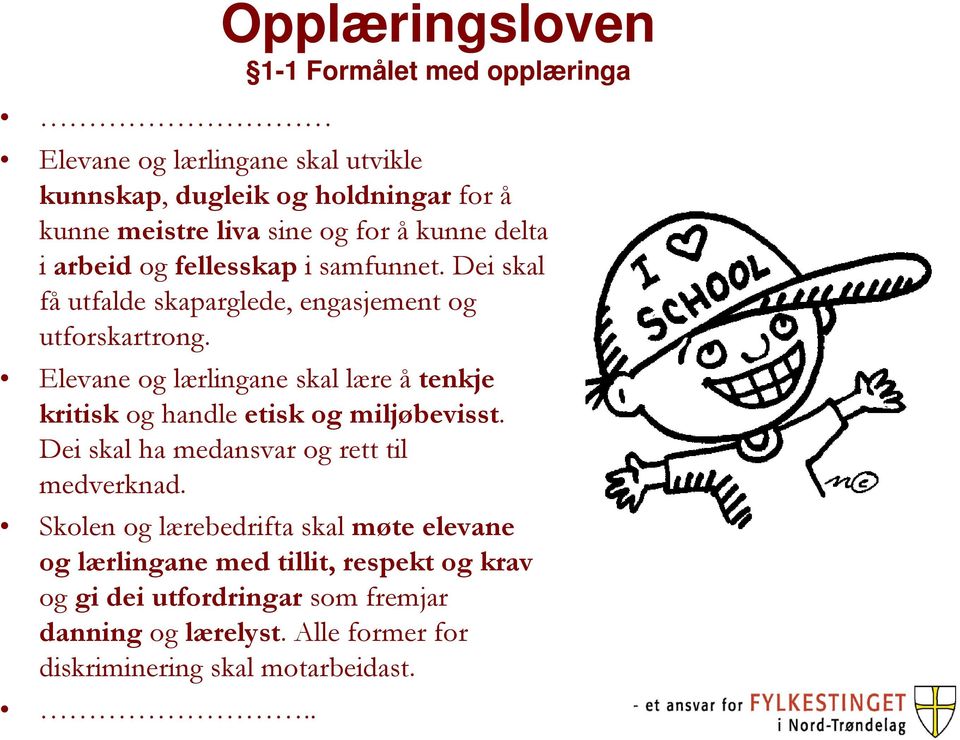 Elevane og lærlingane skal lære å tenkje kritisk og handle etisk og miljøbevisst. Dei skal ha medansvar og rett til medverknad.