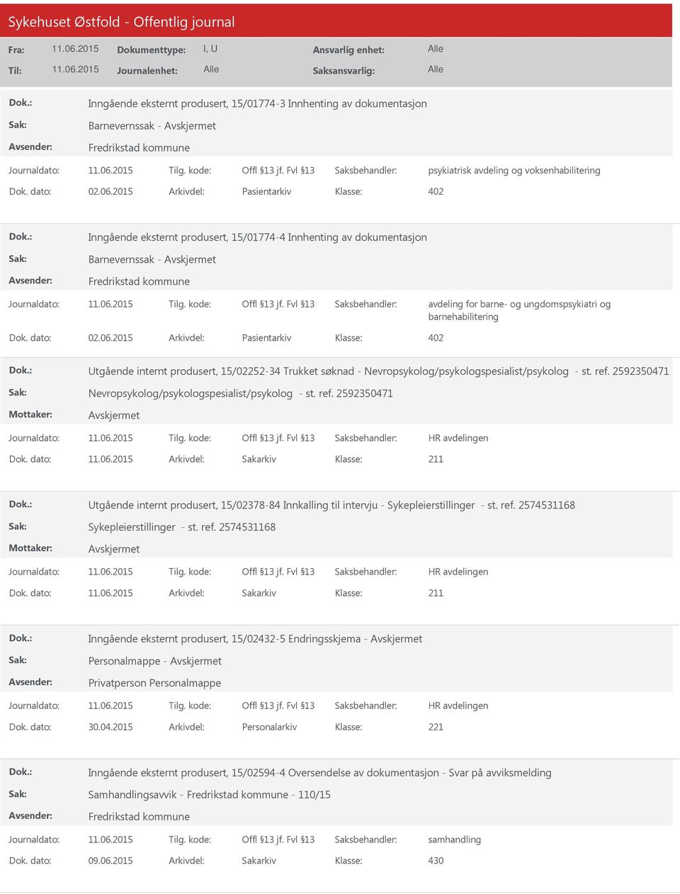 2015 Arkivdel: Pasientarkiv tgående internt produsert, 15/02252-34 Trukket søknad - Nevropsykolog/psykologspesialist/psykolog - st. ref. 2592350471 Nevropsykolog/psykologspesialist/psykolog - st. ref. 2592350471 Avskjermet Dok.