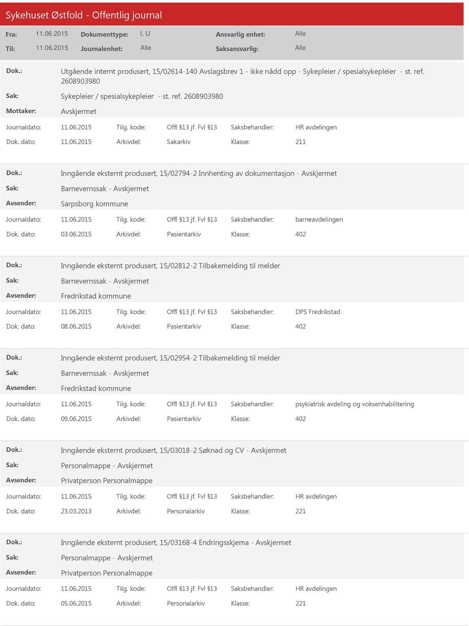 2015 Arkivdel: Pasientarkiv Inngående eksternt produsert, 15/02812-2 Tilbakemelding til melder DPS Fredrikstad Dok. dato: 08.06.