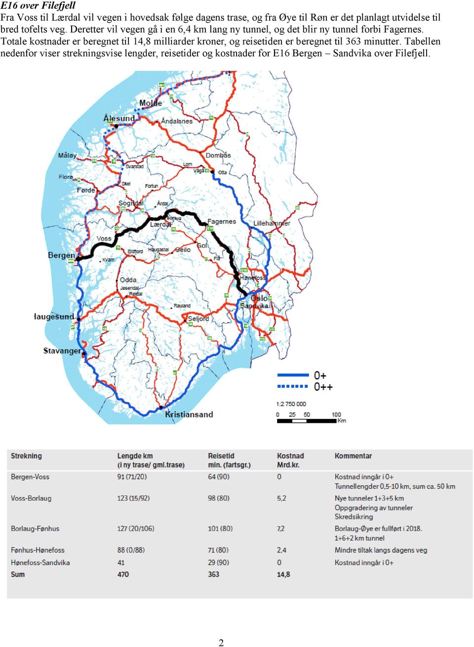 Deretter vil vegen gå i en 6,4 km lang ny tunnel, og det blir ny tunnel forbi Fagernes.