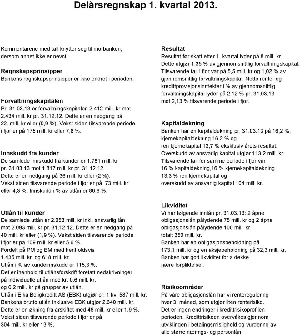 gjennomsnittlig forvaltningskapital. Netto rente- og kredittprovisjonsinntekter i % av gjennomsnittlig forvaltningskapital lyder på 2,12 % pr. 31.03.