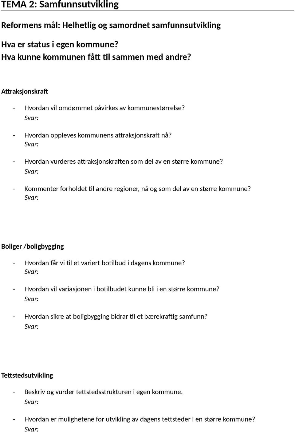 - Kommenter forholdet til andre regioner, nå og som del av en større kommune? Boliger /boligbygging - Hvordan får vi til et variert botilbud i dagens kommune?