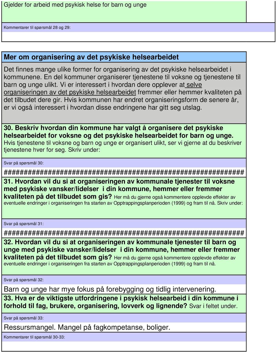 Vi er interessert i hvordan dere opplever at selve organiseringen av det psykiske helsearbeidet fremmer eller hemmer kvaliteten på det tilbudet dere gir.