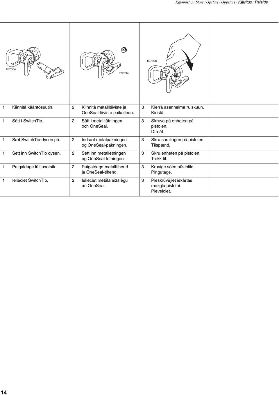 1 Paigaldage lülitusotsik. 2 Paigaldage metalltihend ja OneSeal-tihend. 1 Ielieciet SwitchTip. 2 Ielieciet metâla aizslçgu un OneSeal. 3 Kierrä asennelma ruiskuun. Kiristä.