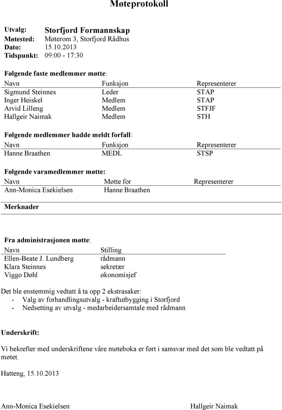 Følgende medlemmer hadde meldt forfall: Navn Funksjon Representerer Hanne Braathen MEDL STSP Følgende varamedlemmer møtte: Navn Møtte for Representerer Ann-Monica Esekielsen Hanne Braathen Merknader