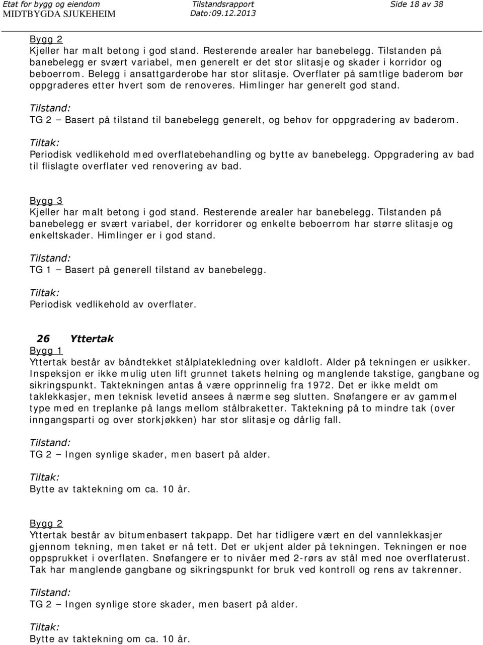 Overflater på samtlige baderom bør oppgraderes etter hvert som de renoveres. Himlinger har generelt god stand. TG 2 Basert på tilstand til banebelegg generelt, og behov for oppgradering av baderom.