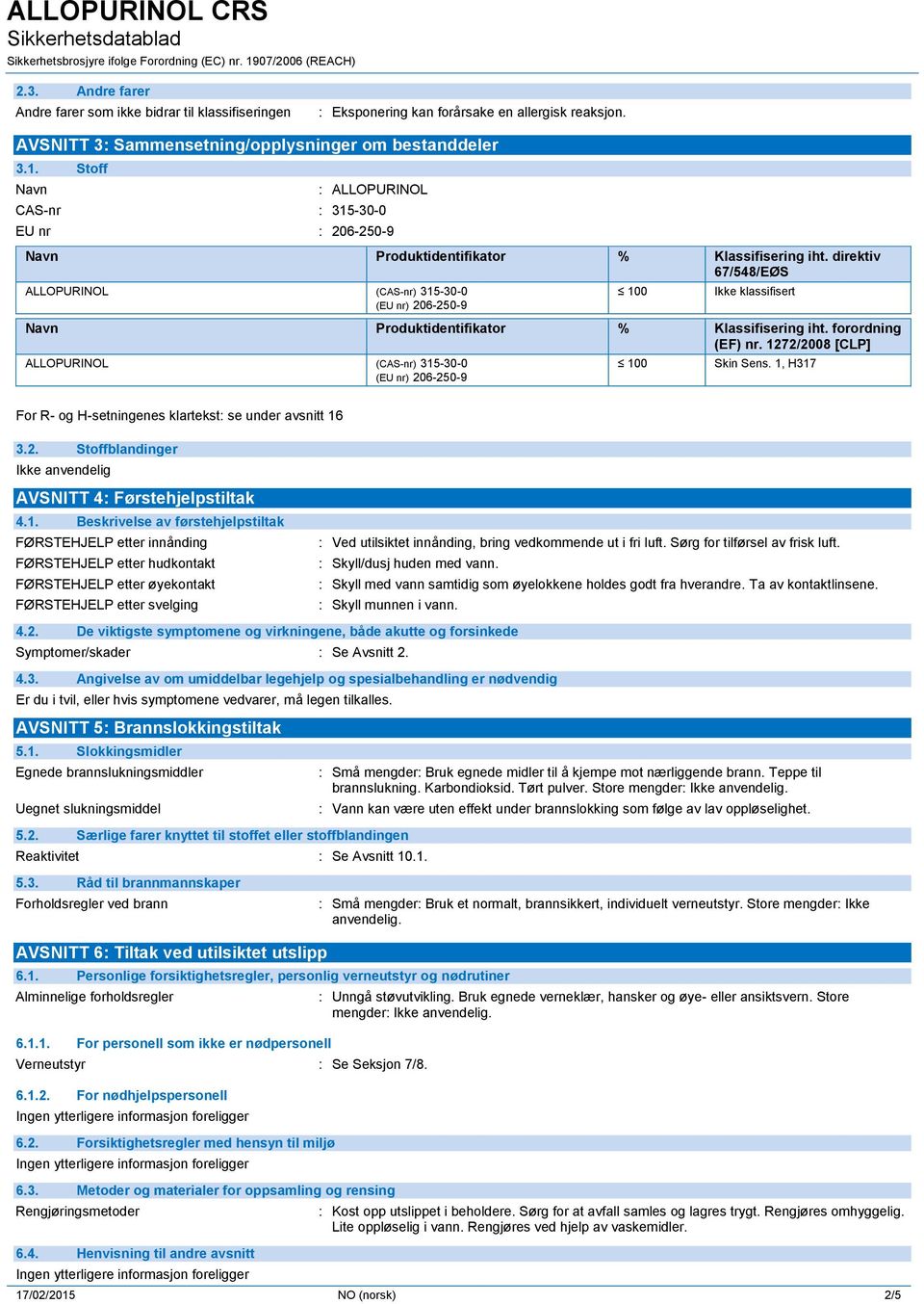 direktiv 67/548/EØS ALLOPURINOL (CAS-nr) 315-30-0 (EU nr) 206-250-9 100 Ikke klassifisert Navn Produktidentifikator % Klassifisering iht. forordning (EF) nr.