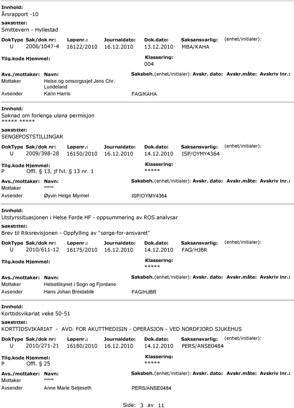 2010 S/OYMY4364 Øyvin Helge Myrmel S/OYMY4364 tstyrssituasjonen i Helse Førde HF - oppsummering av ROS analysar Brev til Riksrevisjonen - Oppfylling av