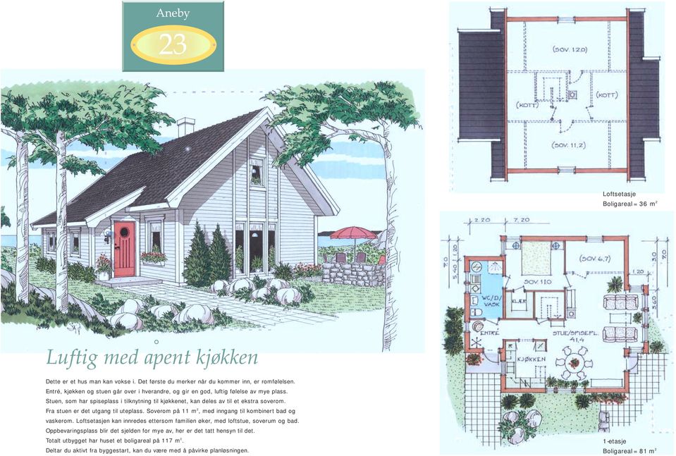 Fra stuen er det utgang til uteplass. Soverom på 11 m 2, med inngang til kombinert bad og vaskerom. Loftsetasjen kan innredes ettersom familien øker, med loftstue, soverum og bad.