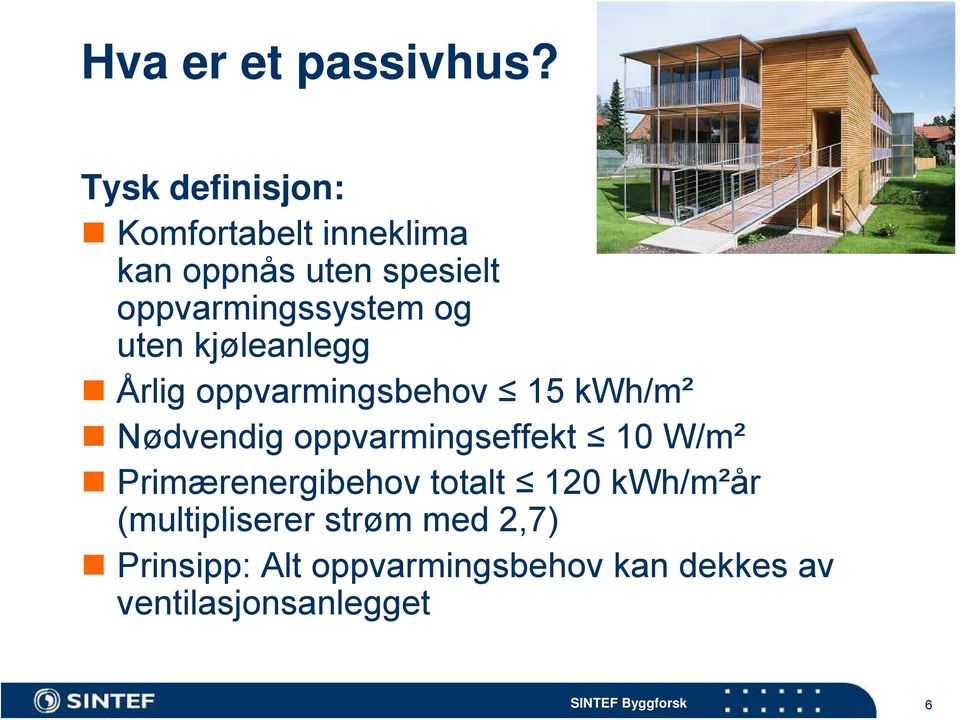 oppvarmingssystem og uten kjøleanlegg Årlig oppvarmingsbehov 15 kwh/m² Nødvendig