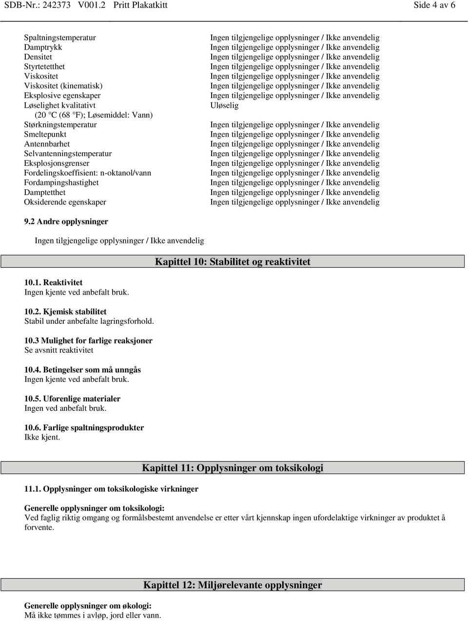 Størkningstemperatur Smeltepunkt Antennbarhet Selvantenningstemperatur Eksplosjonsgrenser Fordelingskoeffisient: n-oktanol/vann Fordampingshastighet Damptetthet Oksiderende egenskaper Uløselig 9.