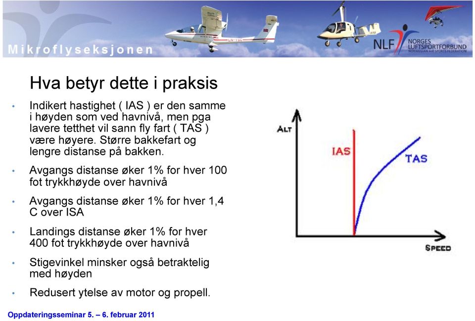 Avgangs distanse øker 1% for hver 100 fot trykkhøyde over havnivå Avgangs distanse øker 1% for hver 1,4 C over ISA