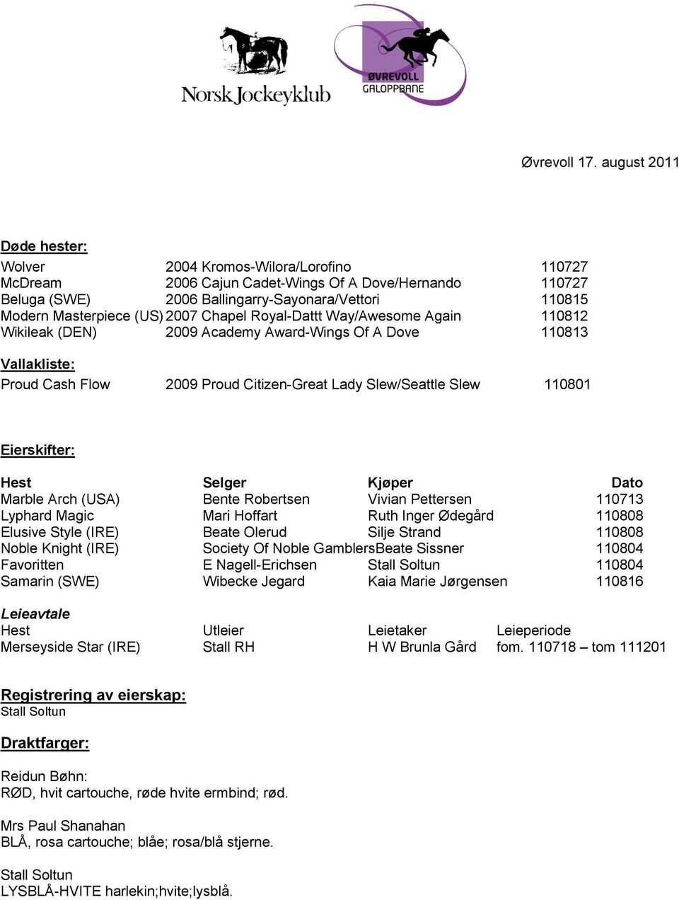 (US) 2007 Chapel Royal-Dattt Way/Awesome Again 110812 Wikileak (DEN) 2009 Academy Award-Wings Of A Dove 110813 Vallakliste: Proud Cash Flow 2009 Proud Citizen-Great Lady Slew/Seattle Slew 110801