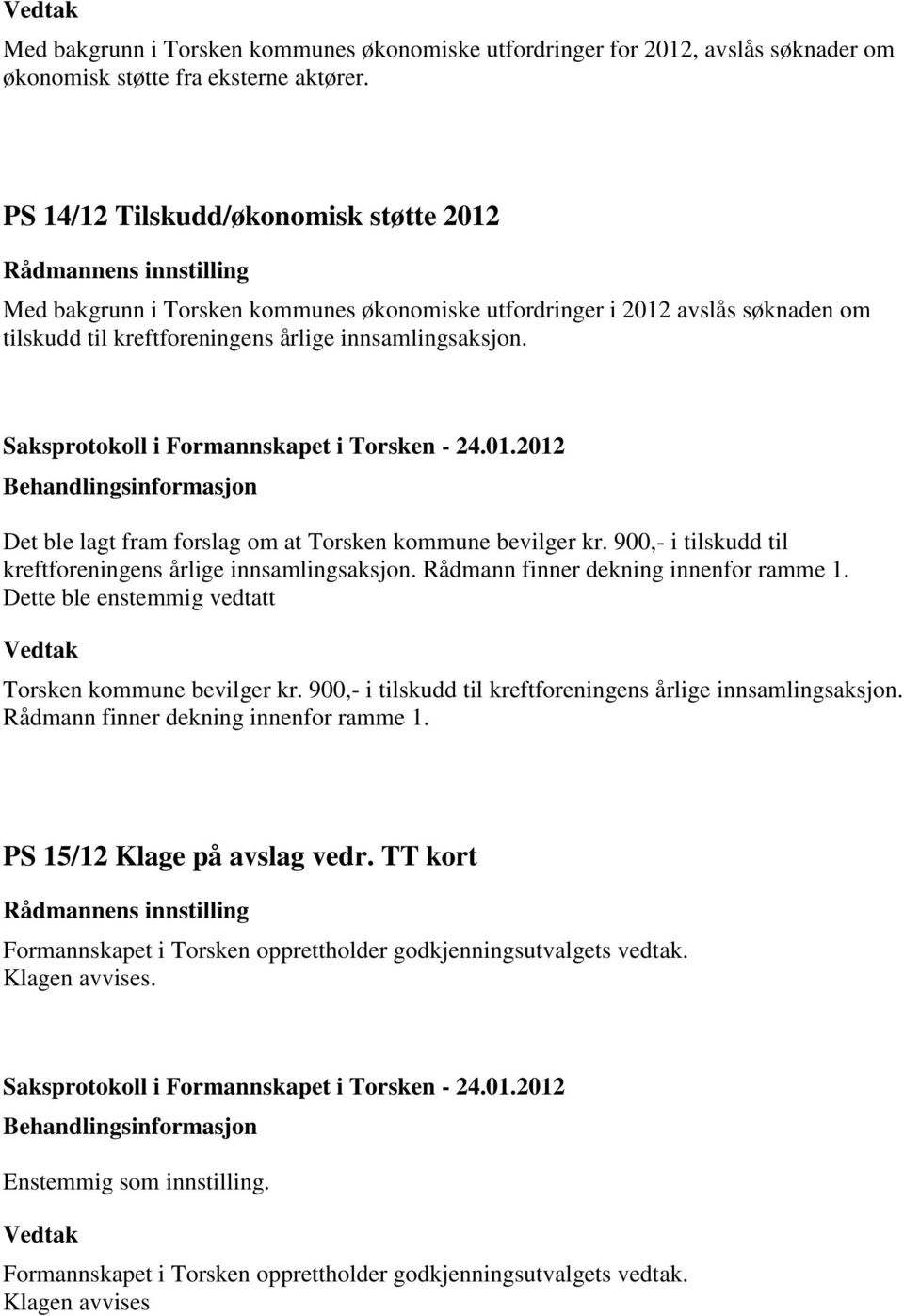 Det ble lagt fram forslag om at Torsken kommune bevilger kr. 900,- i tilskudd til kreftforeningens årlige innsamlingsaksjon. Rådmann finner dekning innenfor ramme 1.