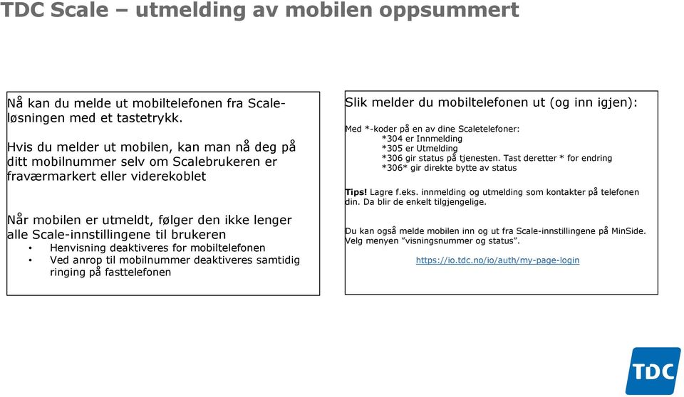 brukeren Henvisning deaktiveres for mobiltelefonen Ved anrop til mobilnummer deaktiveres samtidig ringing på fasttelefonen Slik melder du mobiltelefonen ut (og inn igjen): Med *-koder på en av dine