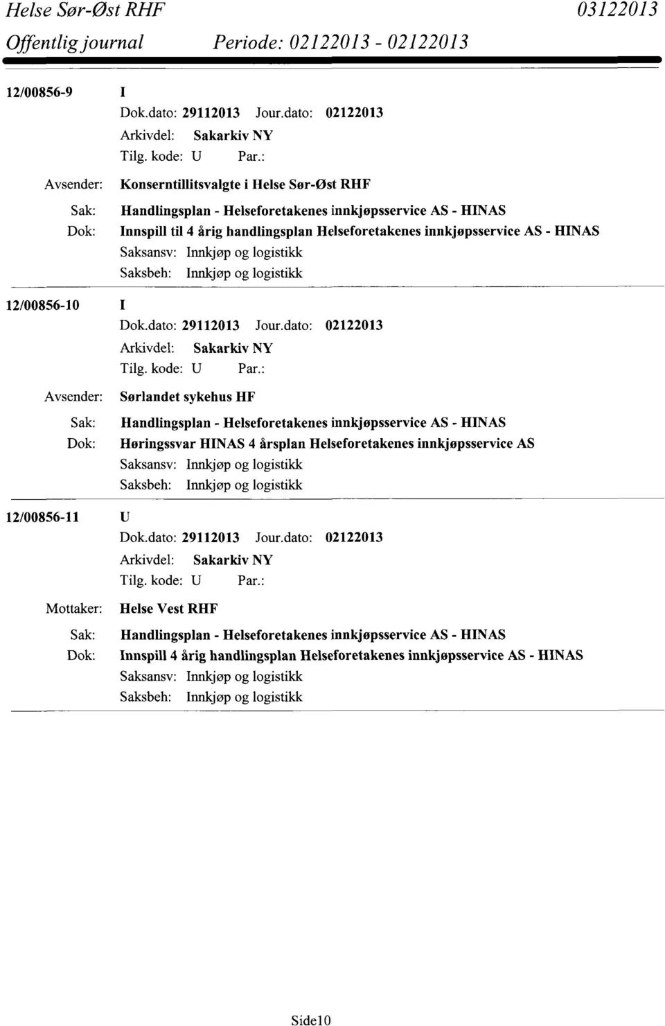 HINAS Saksansv: Innkjøp og logistikk Saksbeh: Innkjøp og logistikk 12/00856-10 Dok.dato: 29112013 Jour.