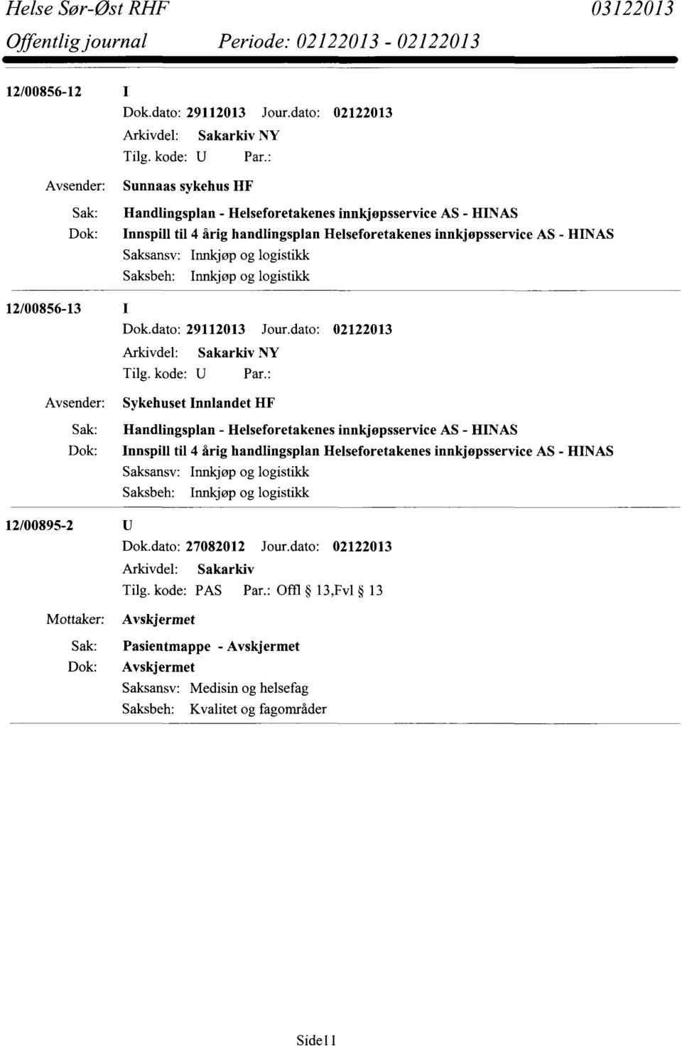 Saksansv: Innkjøp og logistikk Saksbeh: Innkjøp og logistikk 12/00856-13 Dok.dato: 29112013 Jour.