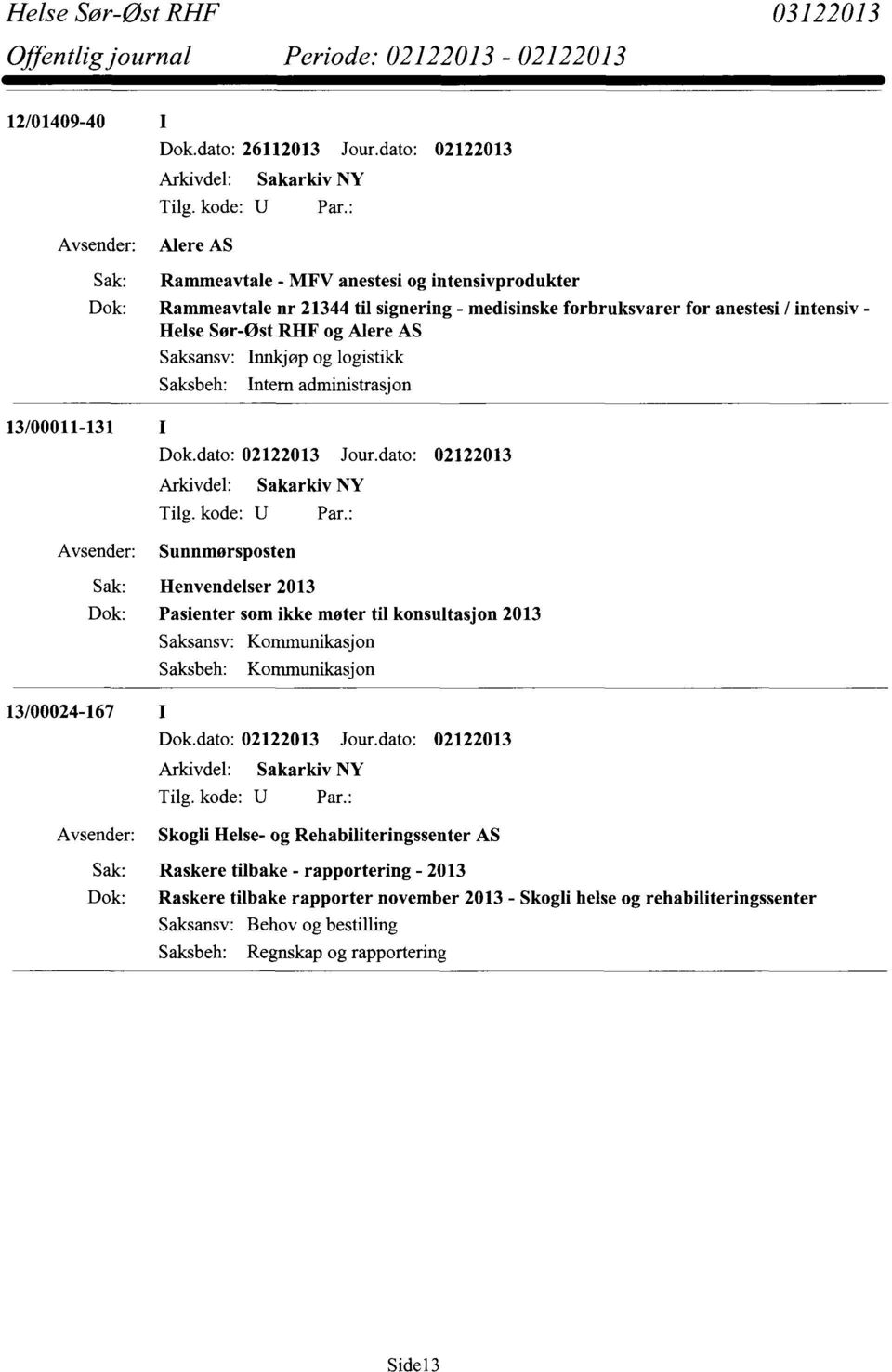 Helse Sør-øst RHF og Mere AS Saksansv: Saksbeh: Innkjøp og logistikk Intern administrasjon Avsender: Sunnmørsposten Henvendelser 2013 Pasienter som ikke møter til konsultasjon