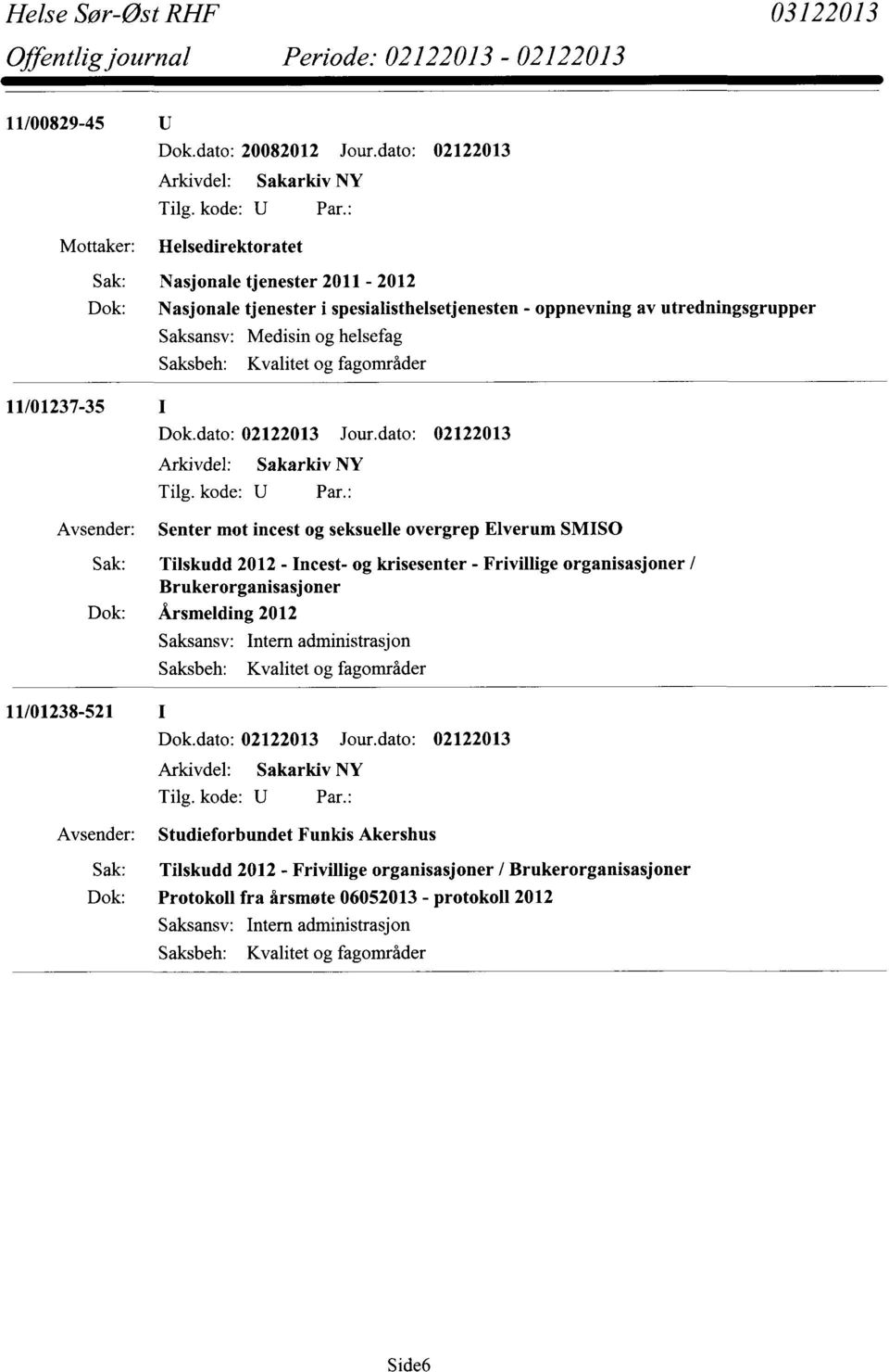 Saksansv: Medisin og helsefag 11/01237-35 Avsender: Senter mot incest og seksuelle overgrep Elverum SMISO Tilskudd 2012 - Incest- og krisesenter - Frivillige
