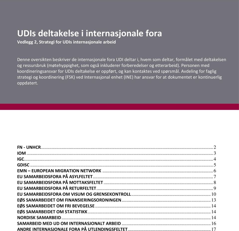 Avdeling for faglig strategi og koordinering (FSK) Internasjonal enhet (INE) har ansvar for at dokumentet er kontinuerlig oppdatert. FN - UNHCR... 2 IOM... 3 IGC... 4 GDISC.