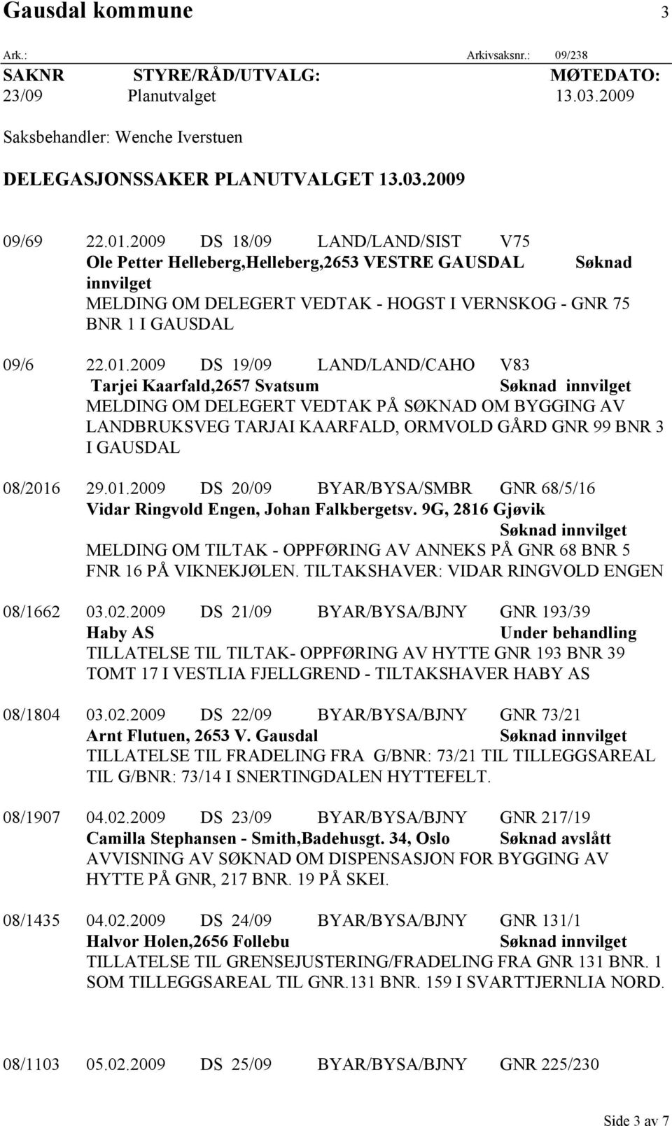 2009 DS 19/09 LAND/LAND/CAHO V83 Tarjei Kaarfald,2657 Svatsum MELDING OM DELEGERT VEDTAK PÅ SØKNAD OM BYGGING AV LANDBRUKSVEG TARJAI KAARFALD, ORMVOLD GÅRD GNR 99 BNR 3 I GAUSDAL 08/2016