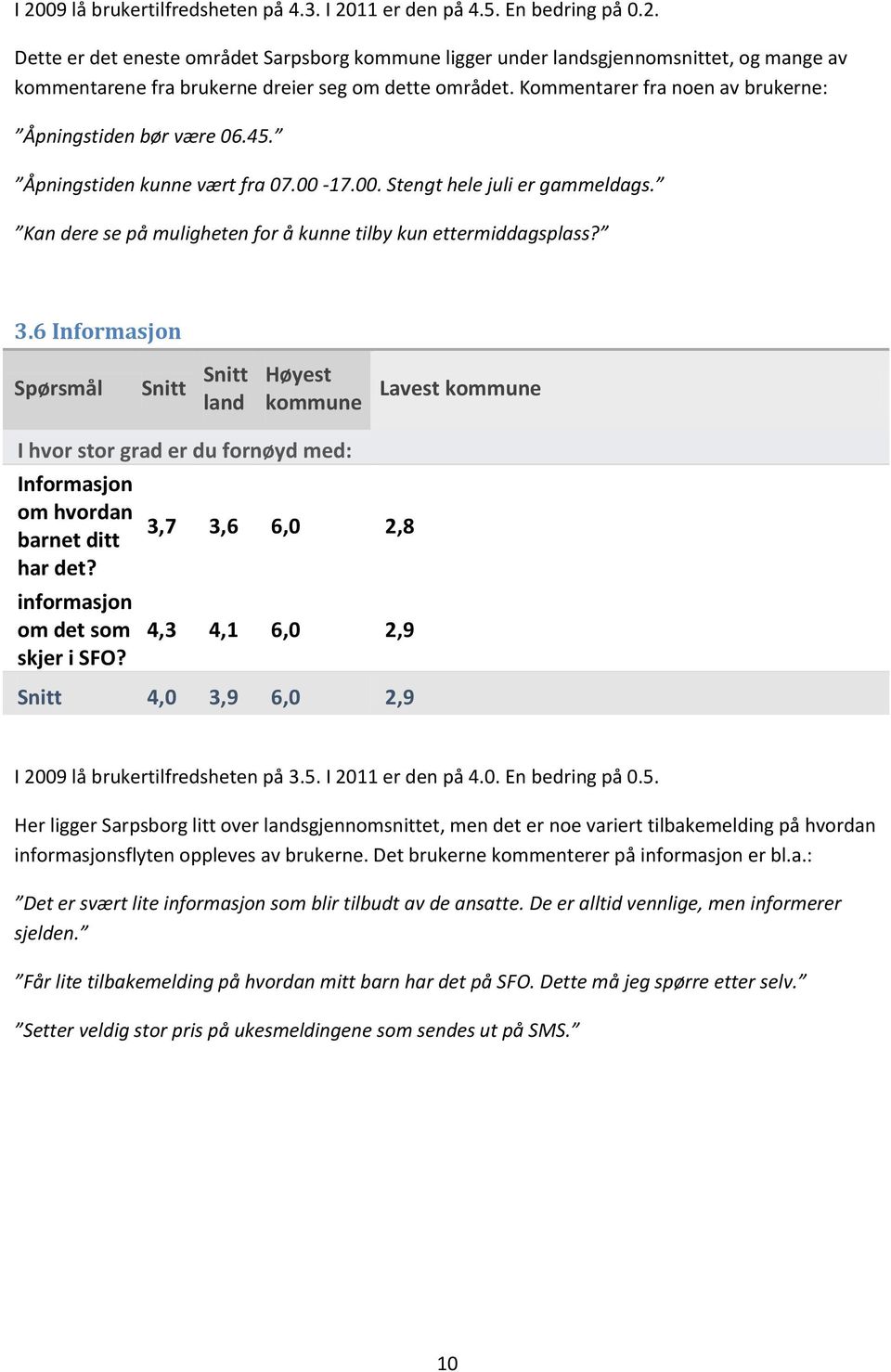 Kan dere se på muligheten for å kunne tilby kun ettermiddagsplass? 3.6 Informasjon I hvor stor grad er du fornøyd med: Informasjon om hvordan barnet ditt har det? informasjon om det som skjer i SFO?