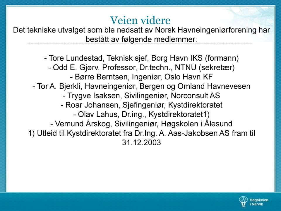 Bjerkli, Havneingeniør, Bergen og Omland Havnevesen - Trygve Isaksen, Sivilingeniør, Norconsult AS - Roar Johansen, Sjefingeniør, Kystdirektoratet -