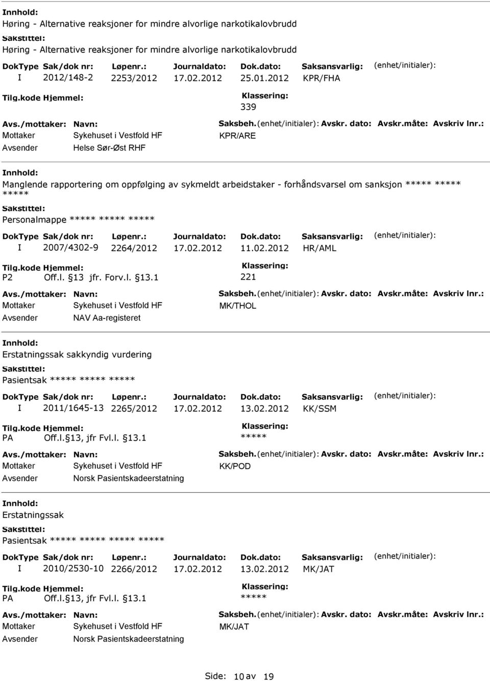 : KPR/ARE Helse Sør-Øst RHF Manglende rapportering om oppfølging av sykmeldt arbeidstaker - forhåndsvarsel om sanksjon Personalmappe 2007/4302-9 2264/2012 11.02.2012 Avs.