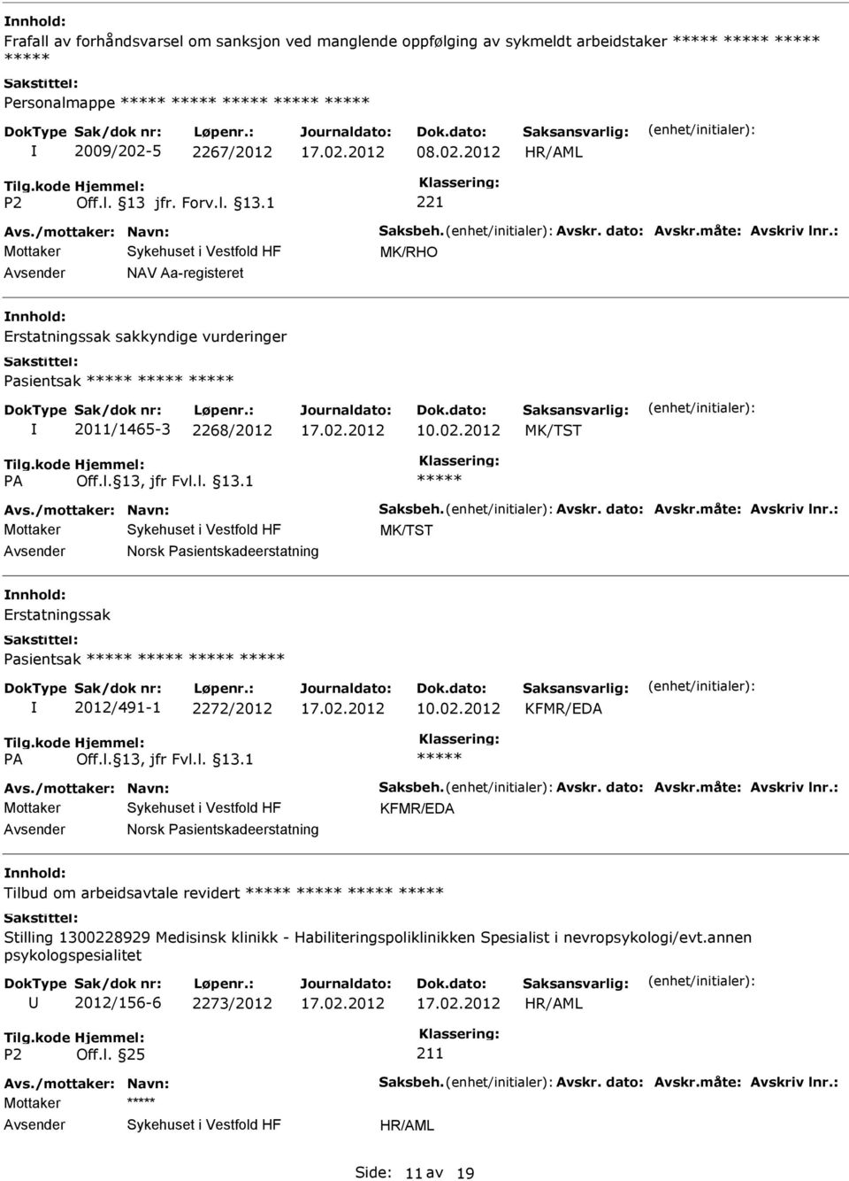 måte: Avskriv lnr.: MK/TST Norsk Pasientskadeerstatning Erstatningssak Pasientsak 2012/491-1 2272/2012 10.02.2012 KFMR/EDA Avs./mottaker: Navn: Saksbeh. Avskr. dato: Avskr.måte: Avskriv lnr.: KFMR/EDA Norsk Pasientskadeerstatning Tilbud om arbeidsavtale revidert Stilling 1300228929 Medisinsk klinikk - Habiliteringspoliklinikken Spesialist i nevropsykologi/evt.