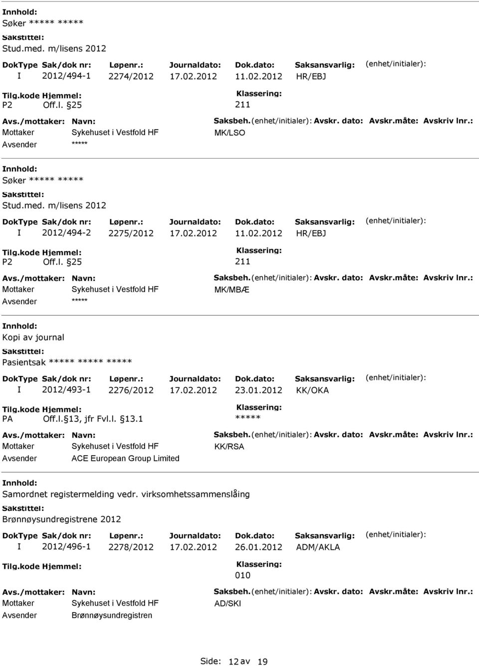 /mottaker: Navn: Saksbeh. Avskr. dato: Avskr.måte: Avskriv lnr.: KK/RSA ACE European Group Limited Samordnet registermelding vedr.