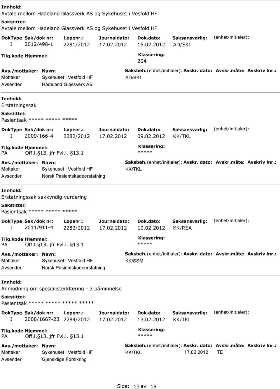 02.2012 KK/RSA Avs./mottaker: Navn: Saksbeh. Avskr. dato: Avskr.måte: Avskriv lnr.