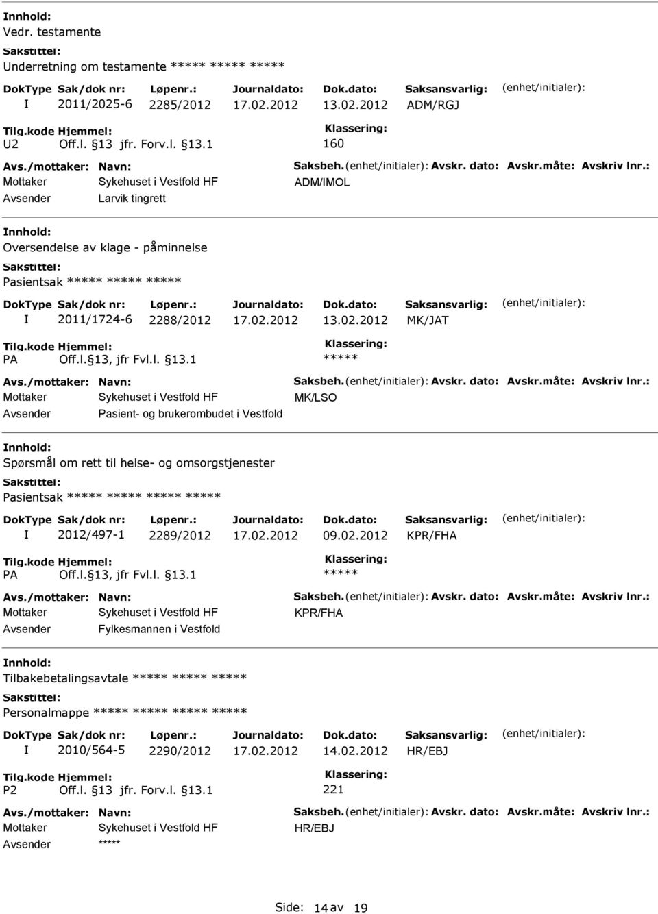 : MK/LSO Pasient- og brukerombudet i Vestfold Spørsmål om rett til helse- og omsorgstjenester Pasientsak 2012/497-1 2289/2012 09.02.2012 Avs./mottaker: Navn: Saksbeh. Avskr.