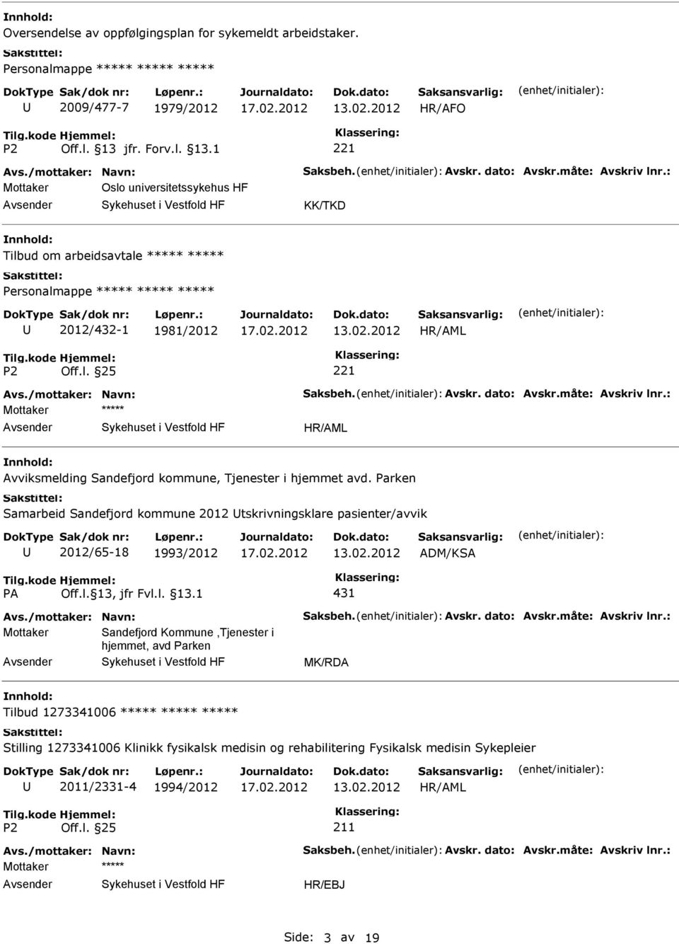 : Mottaker Avviksmelding Sandefjord kommune, Tjenester i hjemmet avd. Parken Samarbeid Sandefjord kommune 2012 tskrivningsklare pasienter/avvik 2012/65-18 1993/2012 ADM/KSA 431 Avs.