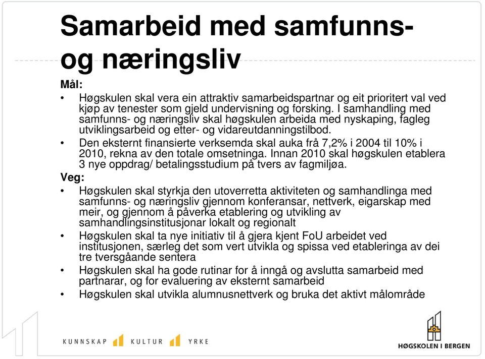 Den eksternt finansierte verksemda skal auka frå 7,2% i 2004 til 10% i 2010, rekna av den totale omsetninga. Innan 2010 skal høgskulen etablera 3 nye oppdrag/ betalingsstudium på tvers av fagmiljøa.