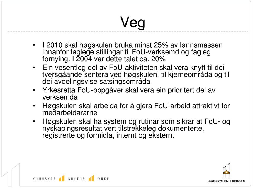 satsingsområda Yrkesretta FoU-oppgåver skal vera ein prioritert del av verksemda Høgskulen skal arbeida for å gjera FoU-arbeid attraktivt for