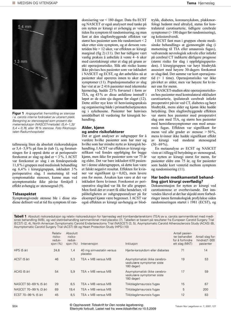 Foto Rikshospitalet Radiumhospitalet tallmessig liten da absolutt risikoreduksjon er 5,4 5,9 % på fem år (tab 1), og forutsetningen for å oppnå dette er at perioperativ forekomst av slag og død er <