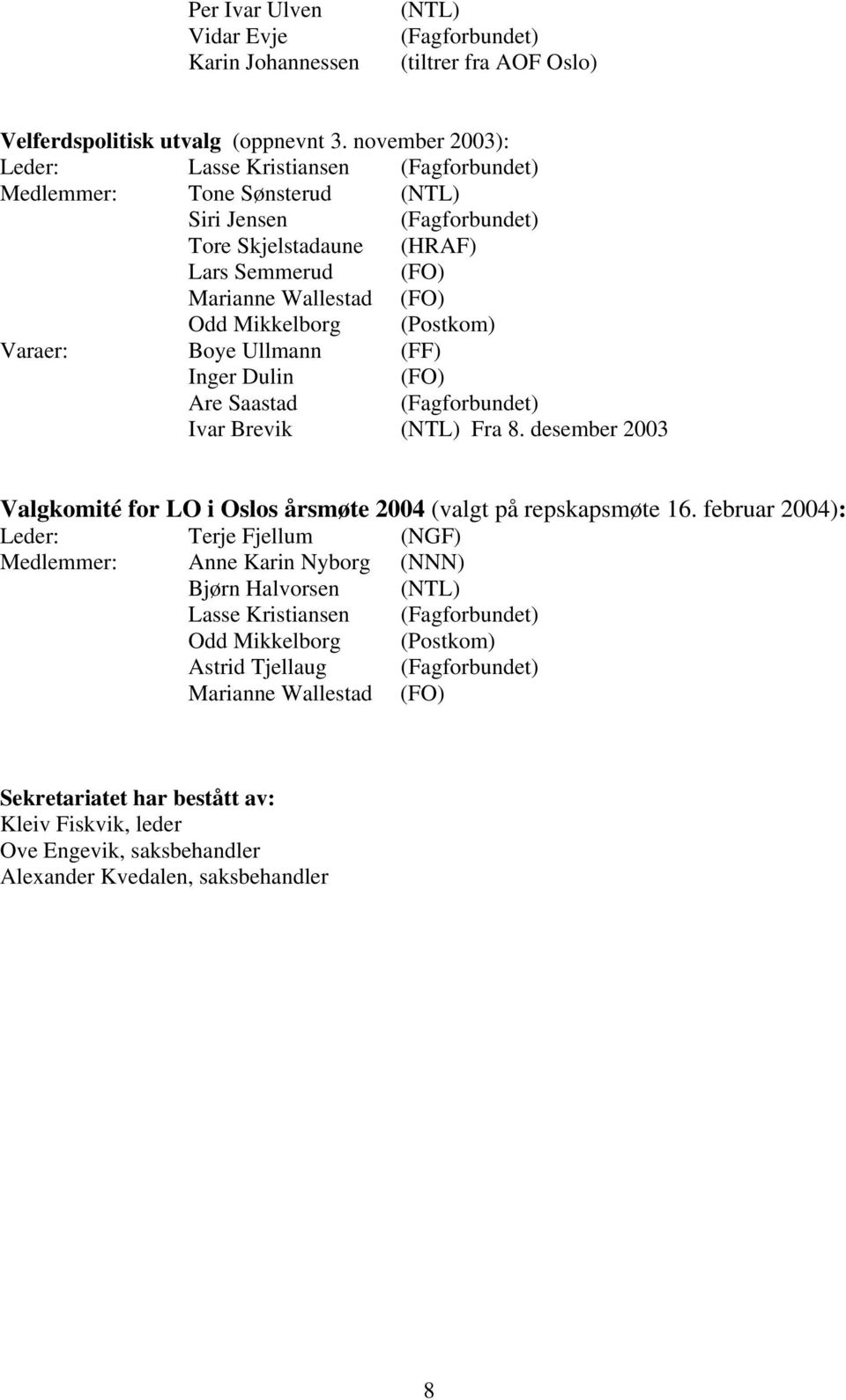 (Postkom) Varaer: Boye Ullmann (FF) Inger Dulin (FO) Are Saastad (Fagforbundet) Ivar Brevik (NTL) Fra 8. desember 2003 Valgkomité for LO i Oslos årsmøte 2004 (valgt på repskapsmøte 16.