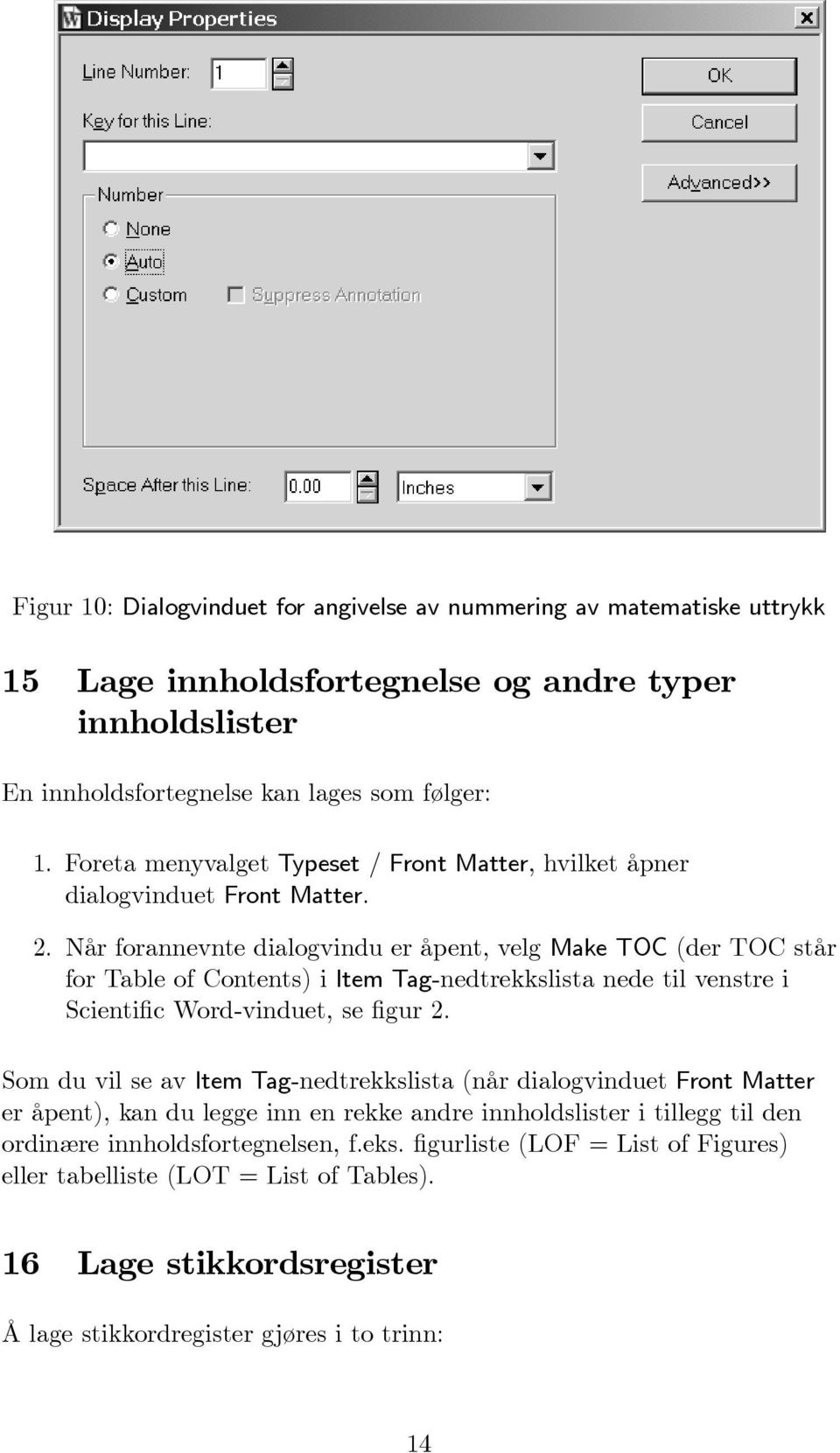 Når forannevnte dialogvindu er åpent, velg Make TOC (der TOC står for Table of Contents) i Item Tag-nedtrekkslista nede til venstre i Scientific Word-vinduet, se figur 2.
