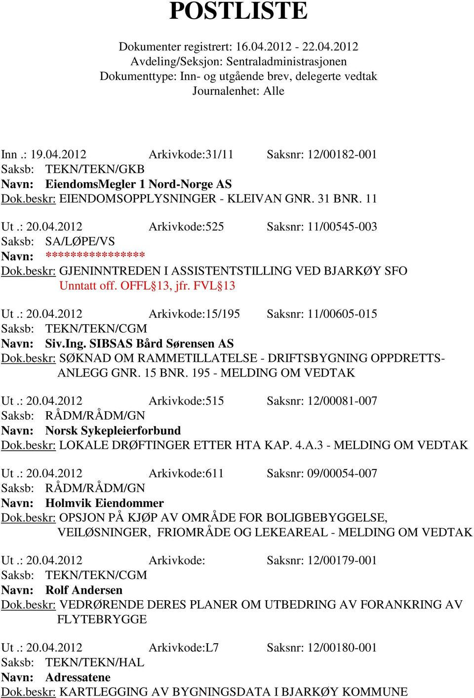 beskr: SØKNAD OM RAMMETILLATELSE - DRIFTSBYGNING OPPDRETTS- ANLEGG GNR. 15 BNR. 195 - MELDING OM VEDTAK Ut.: 20.04.2012 Arkivkode:515 Saksnr: 12/00081-007 Navn: Norsk Sykepleierforbund Dok.