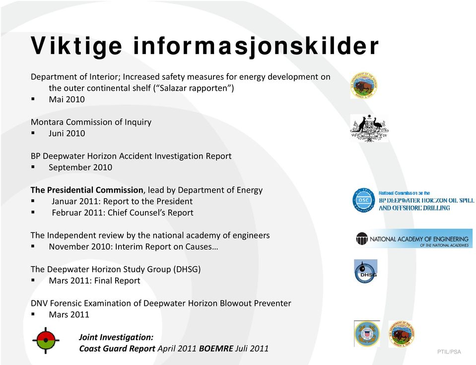 to the President Februar 2011: Chief Counsel s Report The Independent review by the national academy of engineers November 2010: Interim Report on Causes The Deepwater Horizon