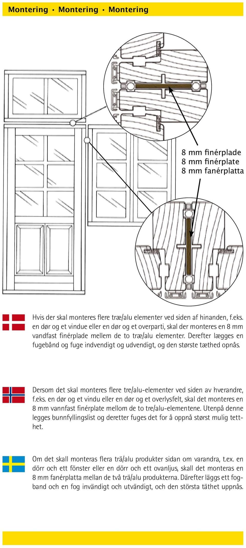 Derefter lægges en fugebånd og fuge indvendigt og udvendigt, og den største tæthed opnås. Dersom det skal monteres flere tre/alu-elementer ved siden av hverandre, f.eks.