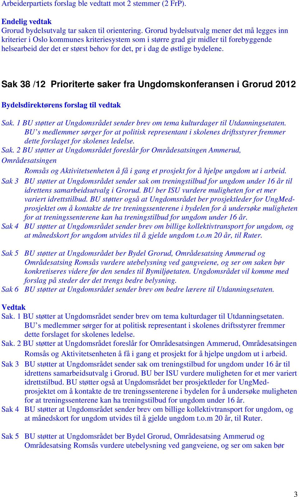 bydelene. Sak 38 /12 Prioriterte saker fra Ungdomskonferansen i Grorud 2012 Sak. 1 BU støtter at Ungdomsrådet sender brev om tema kulturdager til Utdanningsetaten.