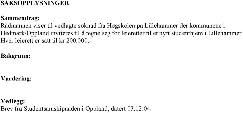 leieretter til et nytt studenthjem i Lillehammer. Hver leierett er satt til kr 200.