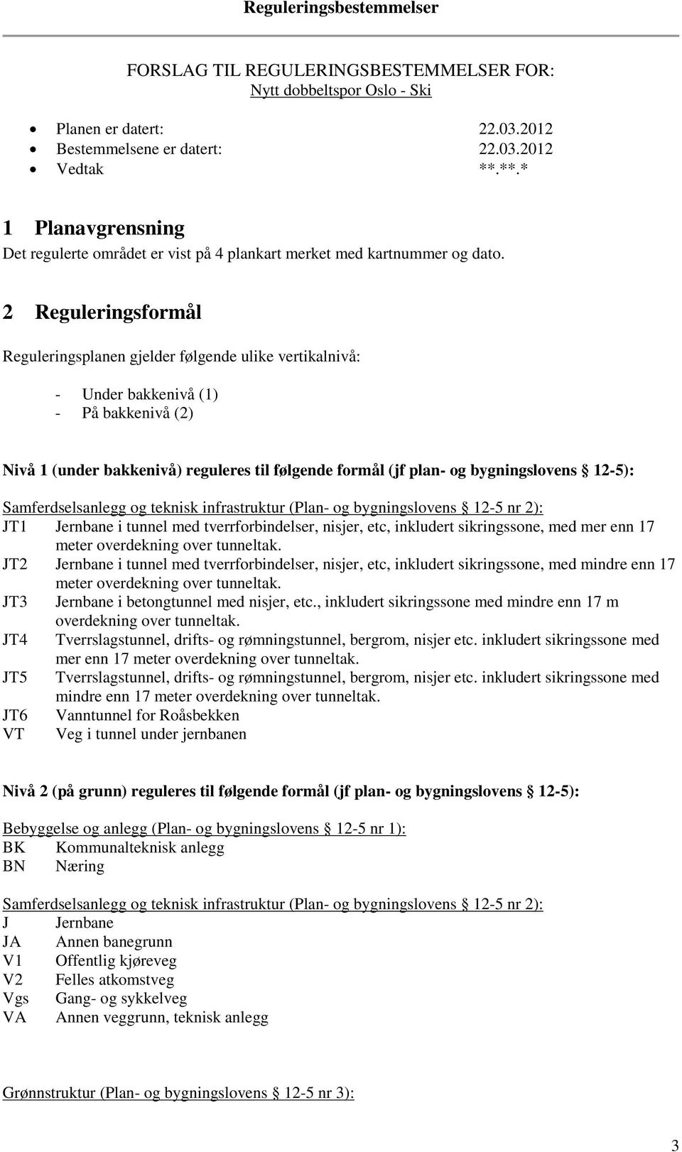 2 Reguleringsformål Reguleringsplanen gjelder følgende ulike vertikalnivå: - Under bakkenivå (1) - På bakkenivå (2) Nivå 1 (under bakkenivå) reguleres til følgende formål (jf plan- og bygningslovens