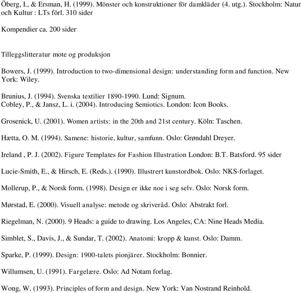 Svenska textilier 1890-1990. Lund: Signum. Cobley, P., & Jansz, L. i. (2004). Introducing Semiotics. London: Icon Books. Grosenick, U. (2001). Women artists: in the 20th and 21st century.