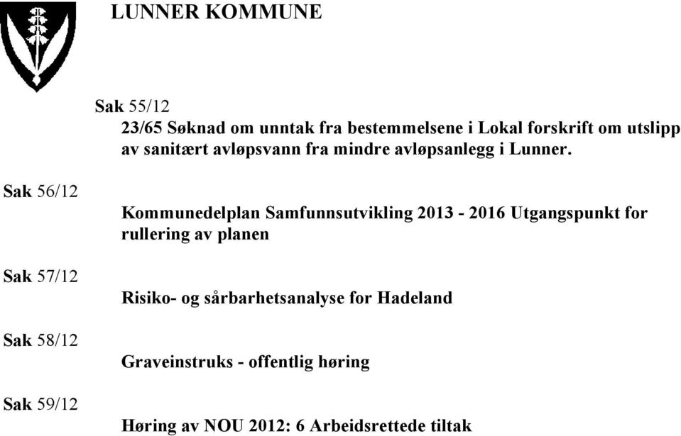 Sak 56/12 Sak 57/12 Sak 58/12 Sak 59/12 Kommunedelplan Samfunnsutvikling 2013-2016 Utgangspunkt