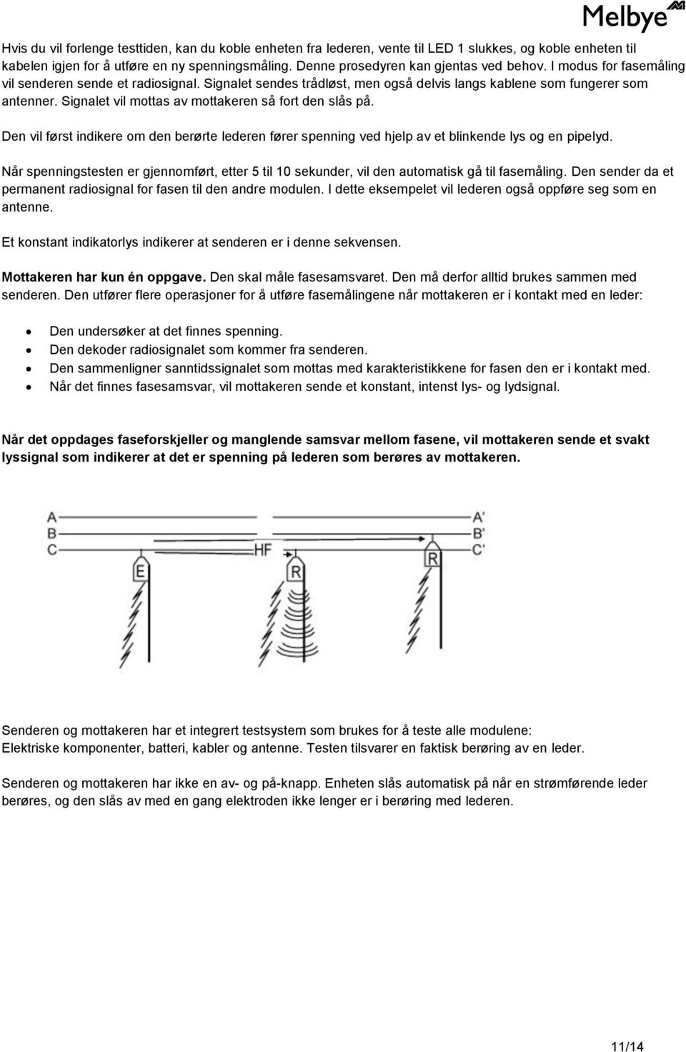 Signalet vil mottas av mottakeren så fort den slås på. Den vil først indikere om den berørte lederen fører spenning ved hjelp av et blinkende lys og en pipelyd.