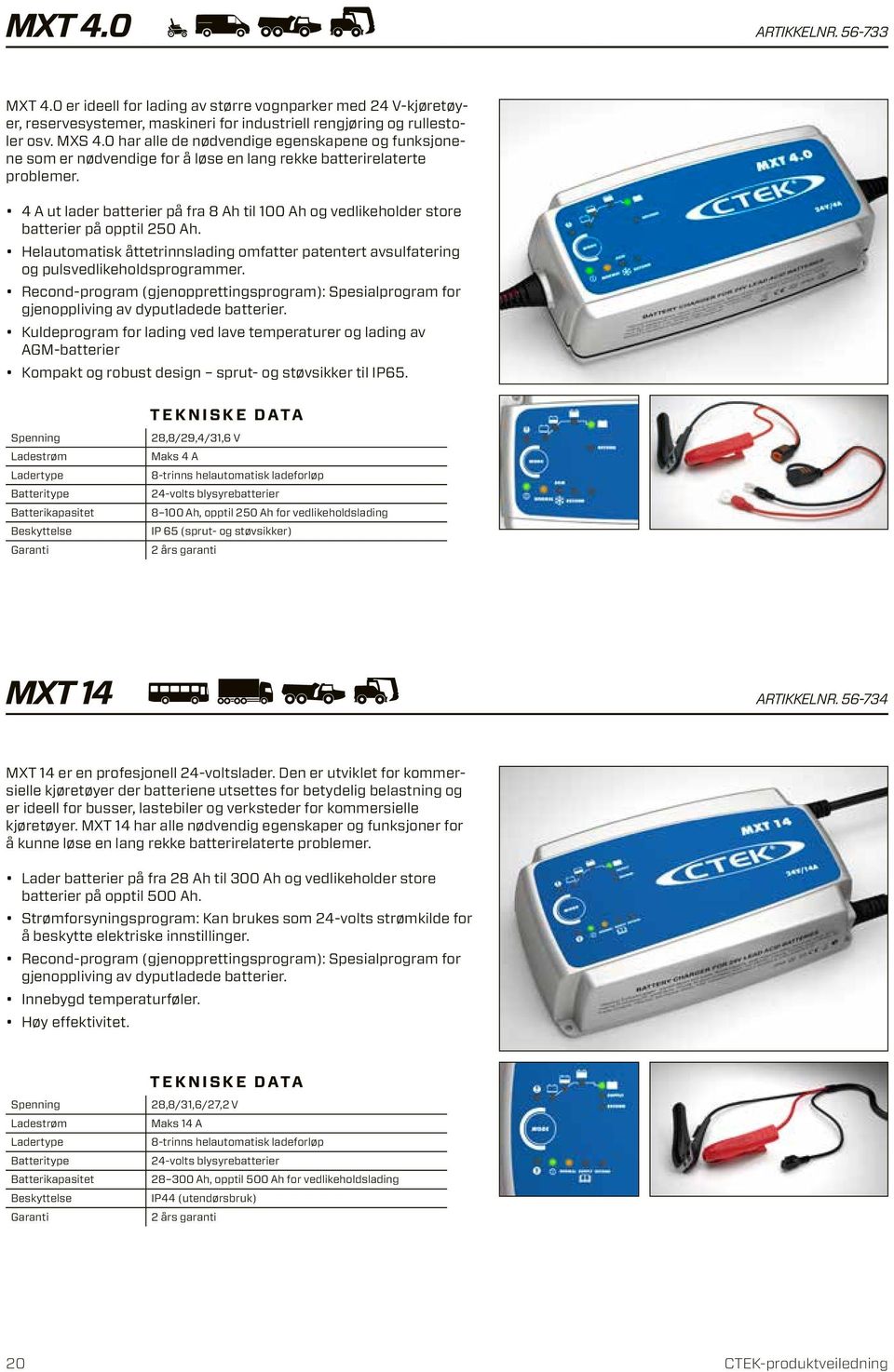 4 A ut ader batterier på fra 8 Ah ti 100 Ah og vedikehoder store batterier på oppti 250 Ah. H eautomatisk åttetrinnsading omfatter patentert avsufatering og pusvedikehodsprogrammer.