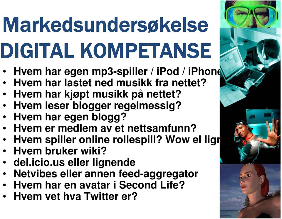 Hvem har egen blogg? Hvem er medlem av et nettsamfunn? Hvem spiller online rollespill? Wow el lign.